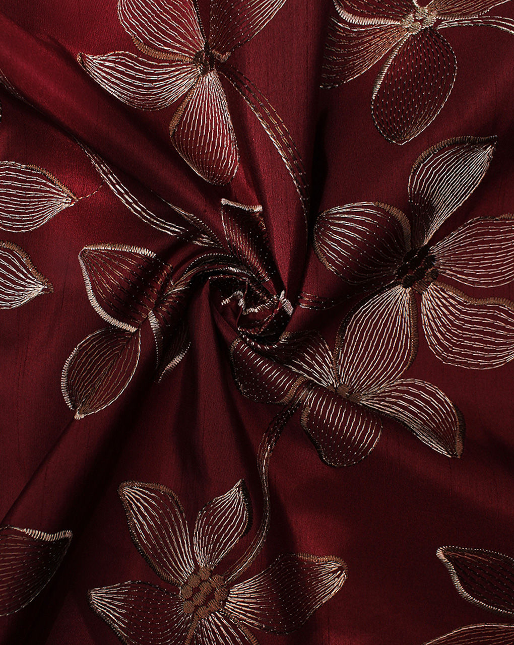 Maroon Floral Design Polyester Dupion Embroidered Fabric