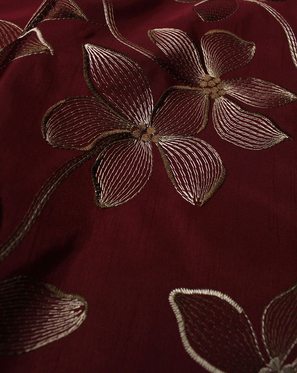 Maroon Floral Design Polyester Dupion Embroidered Fabric