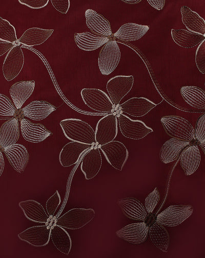 Maroon Floral Design Polyester Dupion Embroidered Fabric