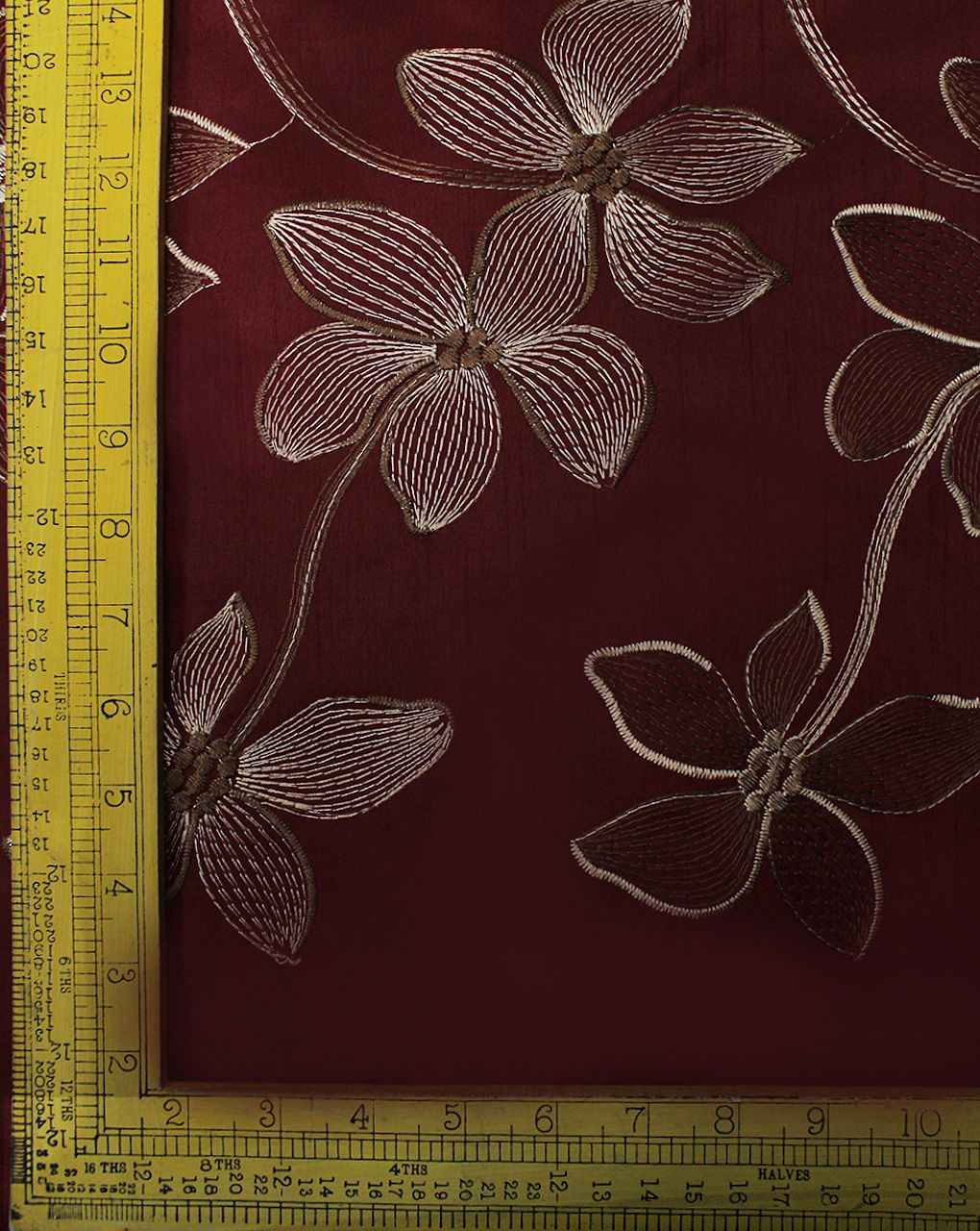 Maroon Floral Design Polyester Dupion Embroidered Fabric
