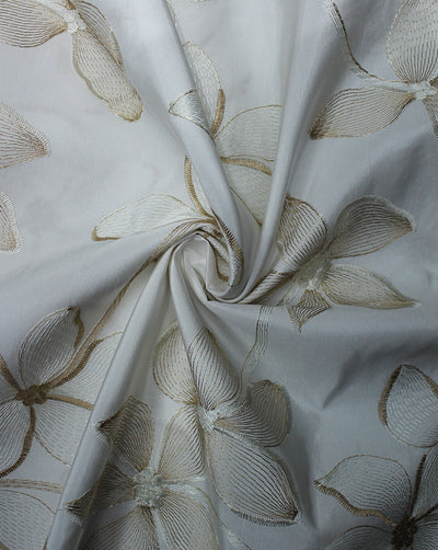 White Floral Design Polyester Dupion Embroidered Fabric