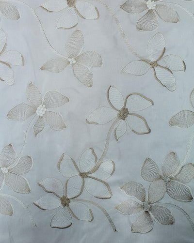 White Floral Design Polyester Dupion Embroidered Fabric