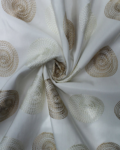 White Circle Design Polyester Dupion Embroidered Fabric