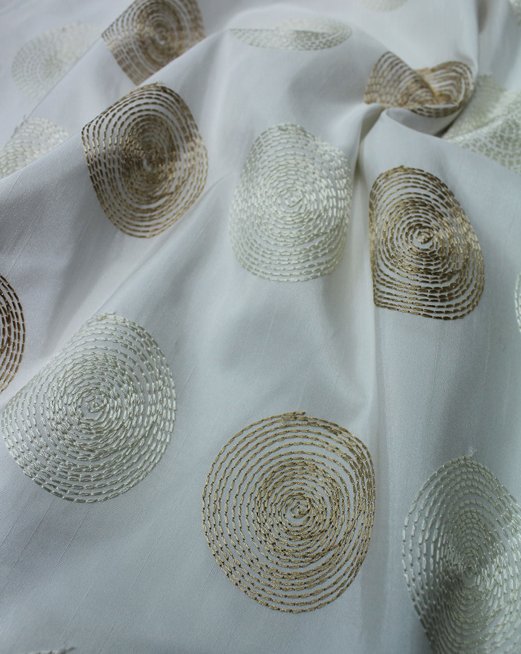 White Circle Design Polyester Dupion Embroidered Fabric