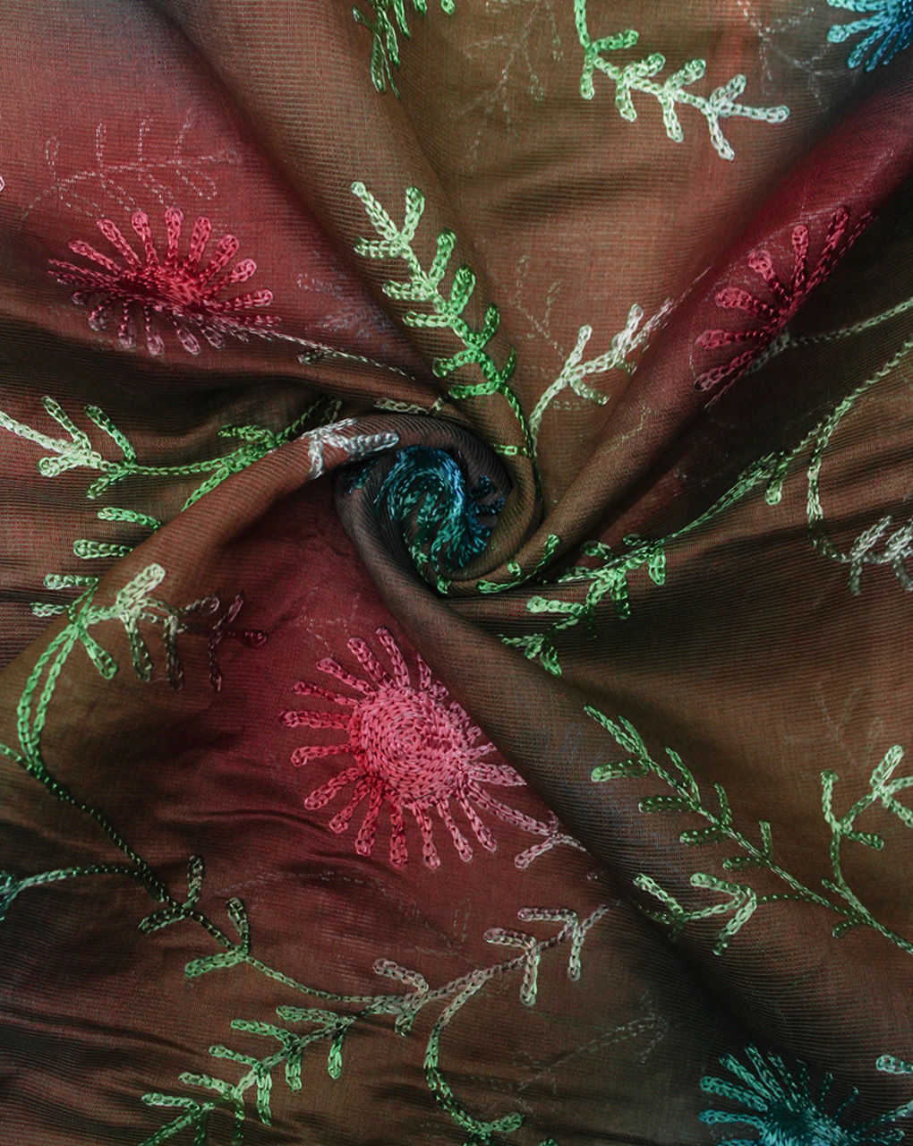 Red & Green Floral Design Polyester Dupion Embroidered Fabric