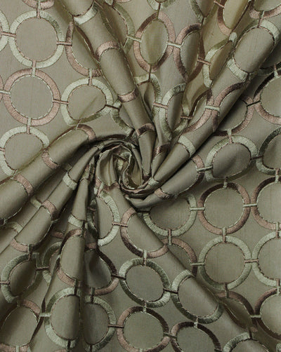 Beige Circle Design Polyester Dupion Embroidered Fabric