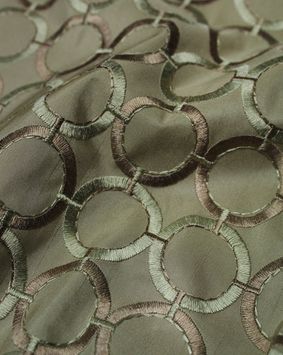 Beige Circle Design Polyester Dupion Embroidered Fabric