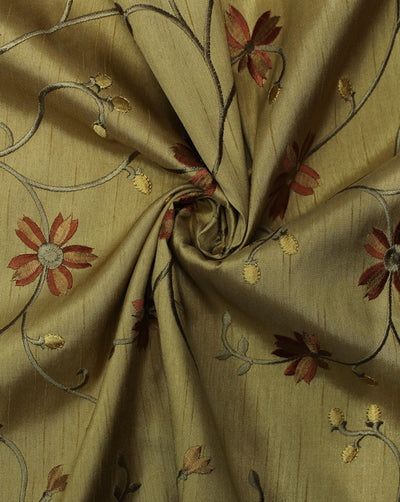 Golden Floral Design Polyester Dupion Embroidery Fabric