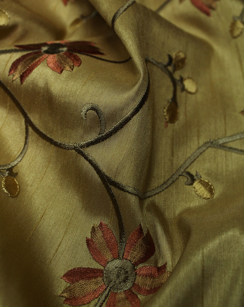 Golden Floral Design Polyester Dupion Embroidery Fabric