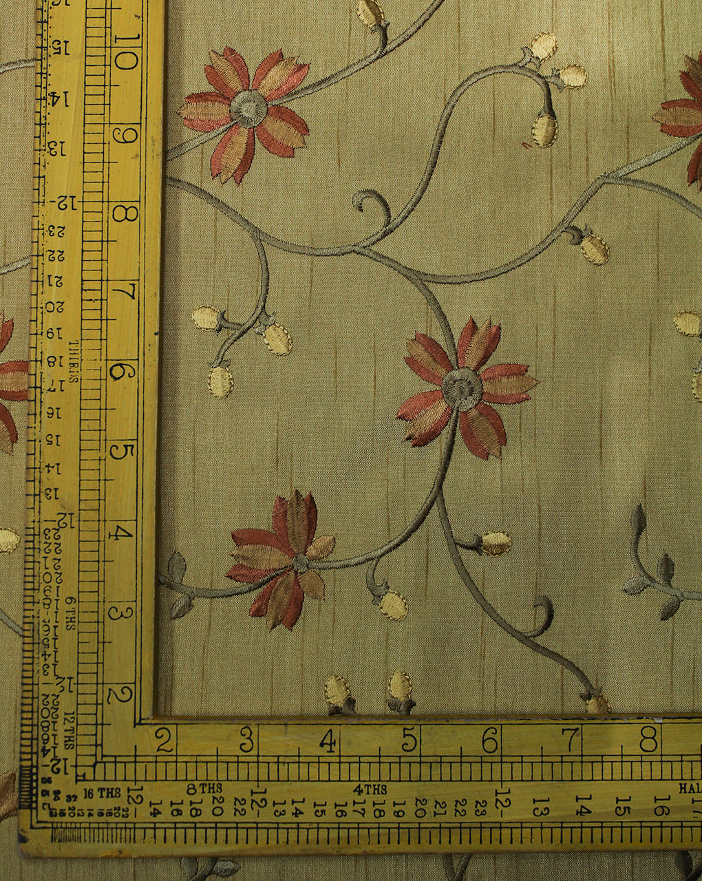 Golden Floral Design Polyester Dupion Embroidery Fabric