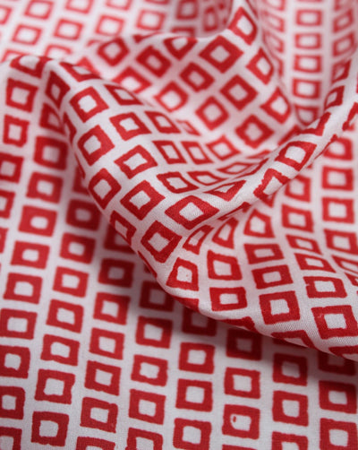 White And Red Abstract Design Tussar Silk Fabric