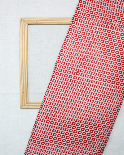 White And Red Abstract Design Tussar Silk Fabric