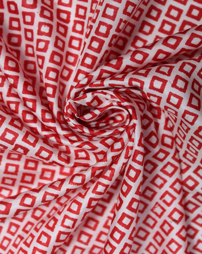 White And Red Abstract Design Tussar Silk Fabric