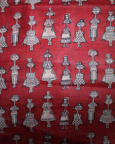 Red And Black Doll Design Tussar Silk Fabric