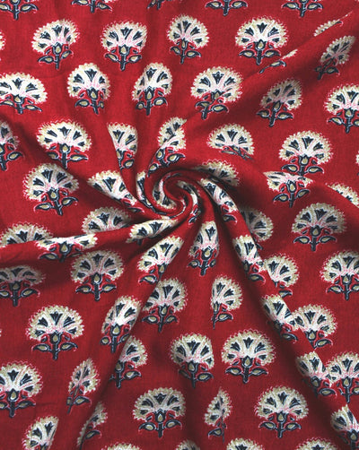 Red And Multicolor Floral Print Rayon Fabric