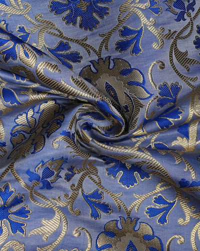 Royal Blue And Golden Floral Design Polyester Brocade Fabric