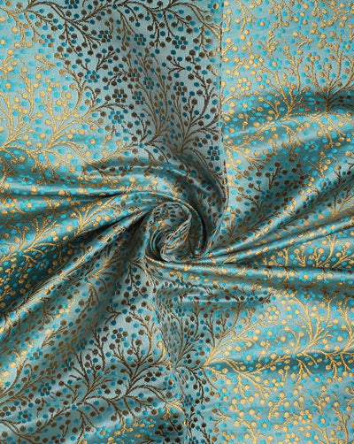 Sky Blue And Golden Paisley Design Polyester Brocade Fabric