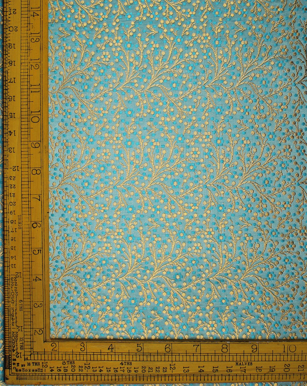 Sky Blue And Golden Paisley Design Polyester Brocade Fabric