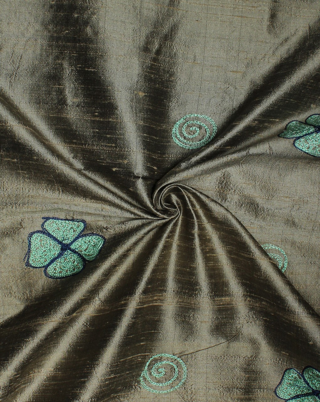 Grey And Green Silk Embroidered Floral Fabric