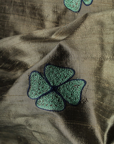 Grey And Green Silk Embroidered Floral Fabric