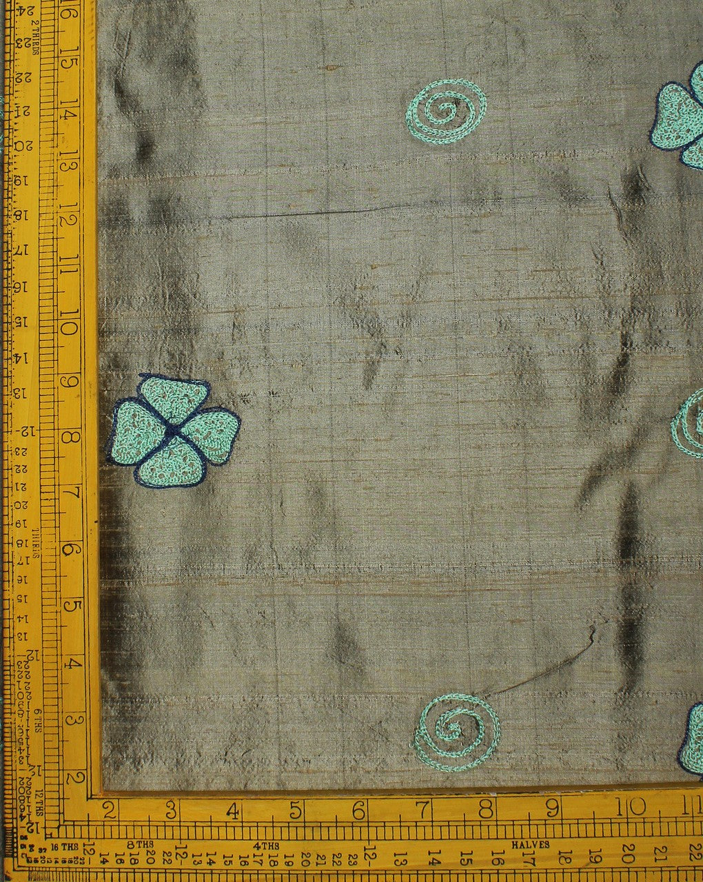 Grey And Green Silk Embroidered Floral Fabric