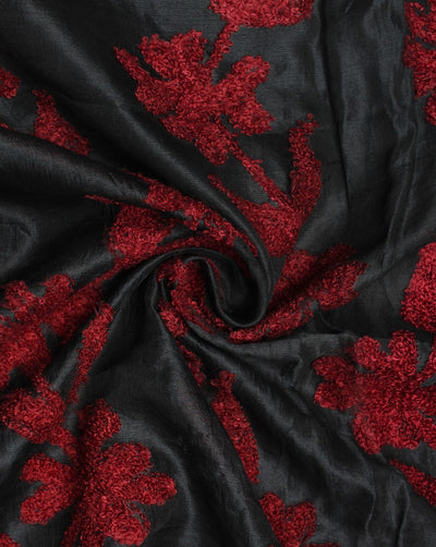 Black And Maroon Silk Embroidered Floral Fabric