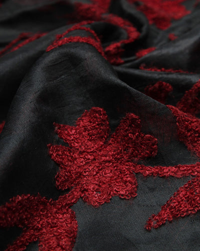 Black And Maroon Silk Embroidered Floral Fabric