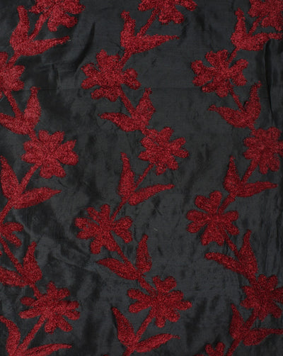 Black And Maroon Silk Embroidered Floral Fabric