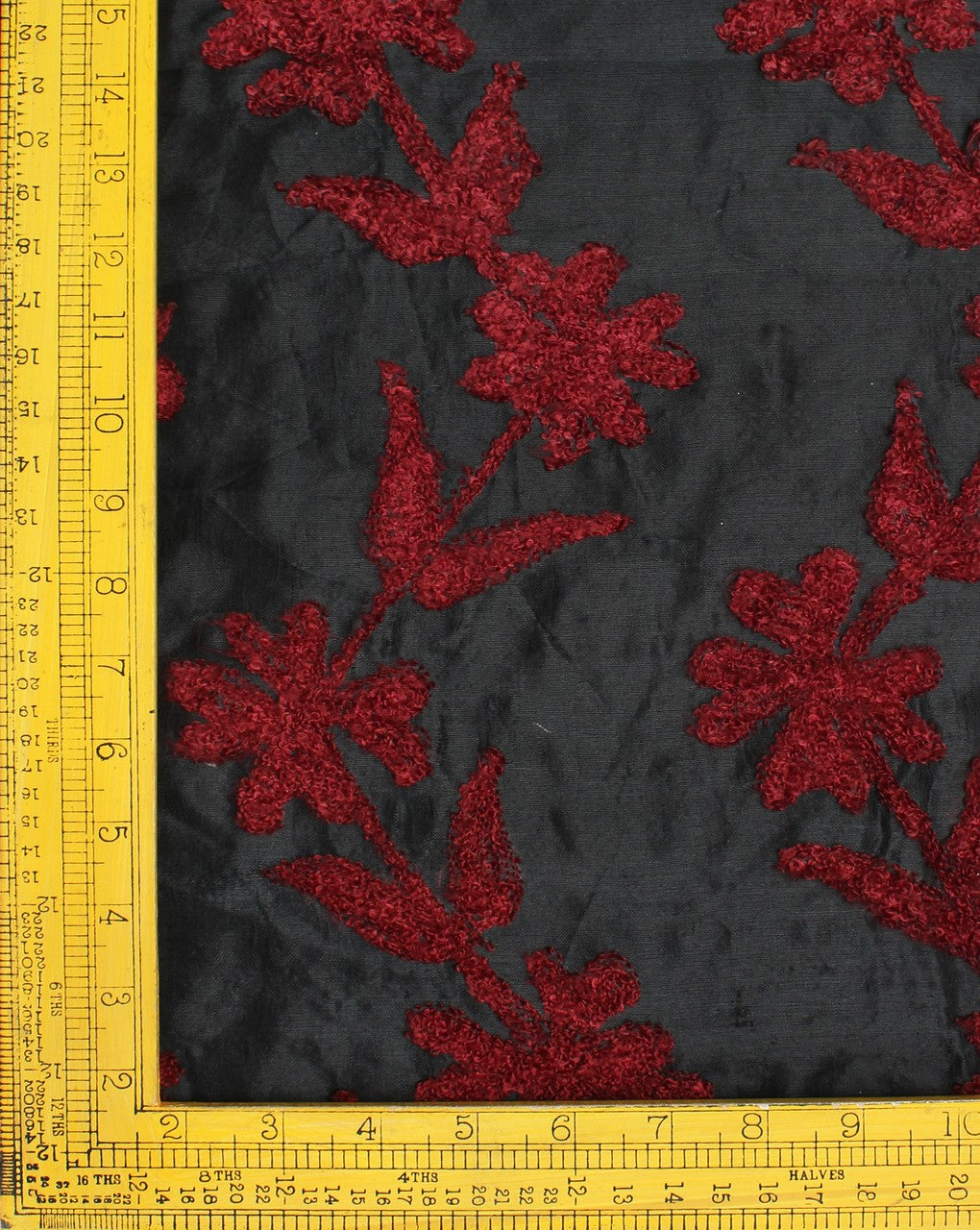 Black And Maroon Silk Embroidered Floral Fabric