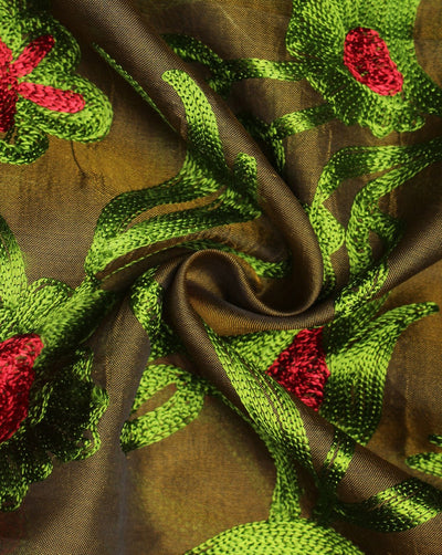Mustard And Green Silk Embroidered Floral Fabric