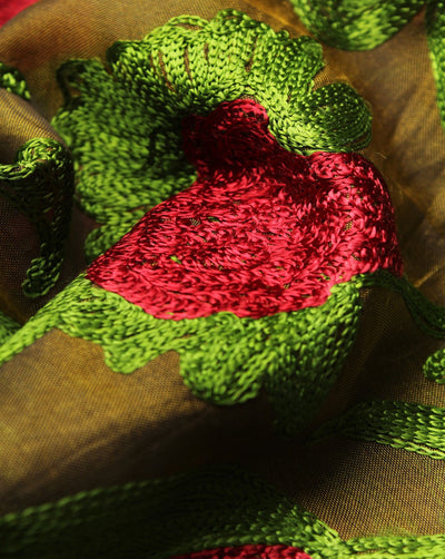 Mustard And Green Silk Embroidered Floral Fabric