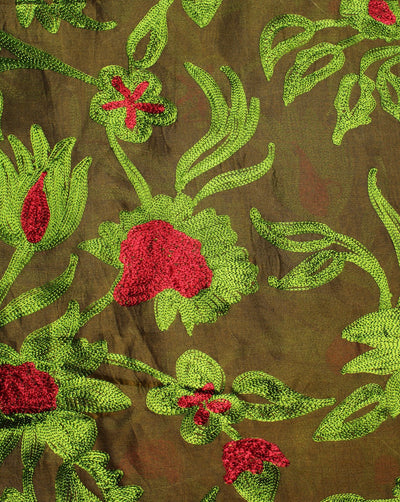 Mustard And Green Silk Embroidered Floral Fabric
