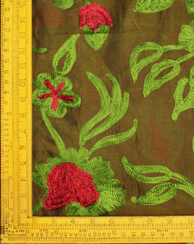 Mustard And Green Silk Embroidered Floral Fabric