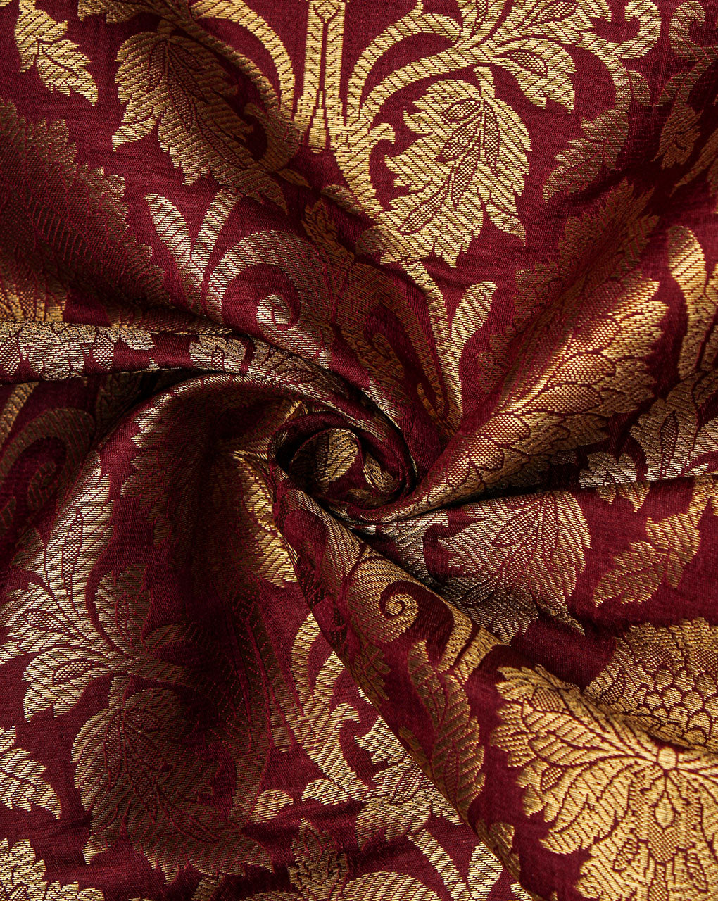 Maroon And Golden Floral Design Polyester Brocade Fabric