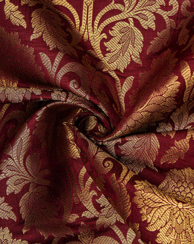 Maroon And Golden Floral Design Polyester Brocade Fabric
