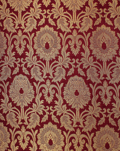 Maroon And Golden Floral Design Polyester Brocade Fabric