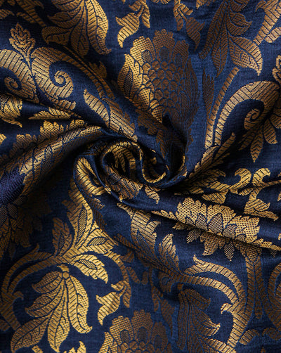 Royal Blue And Golden Floral Design Polyester Brocade Fabric