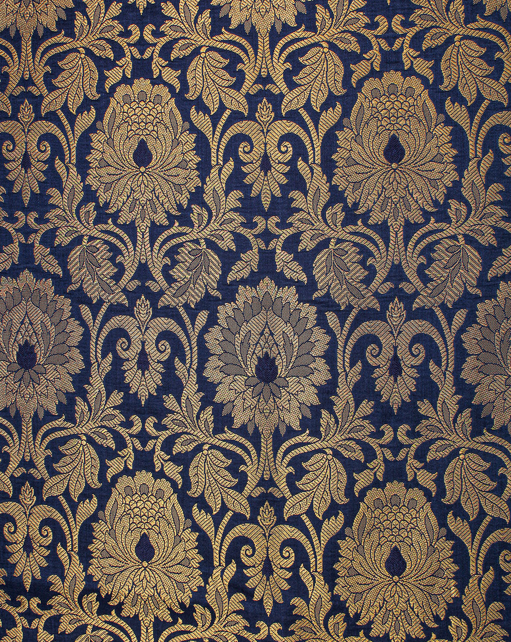 Royal Blue And Golden Floral Design Polyester Brocade Fabric