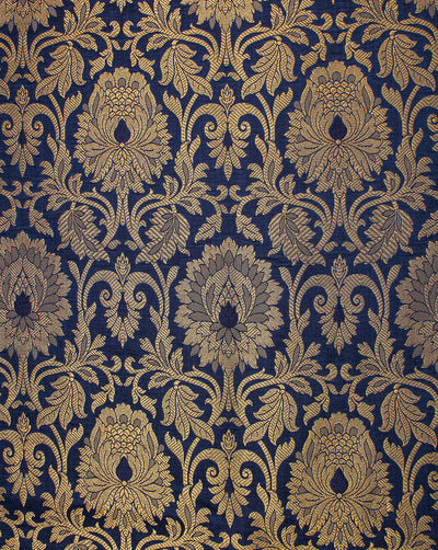 Royal Blue And Golden Floral Design Polyester Brocade Fabric