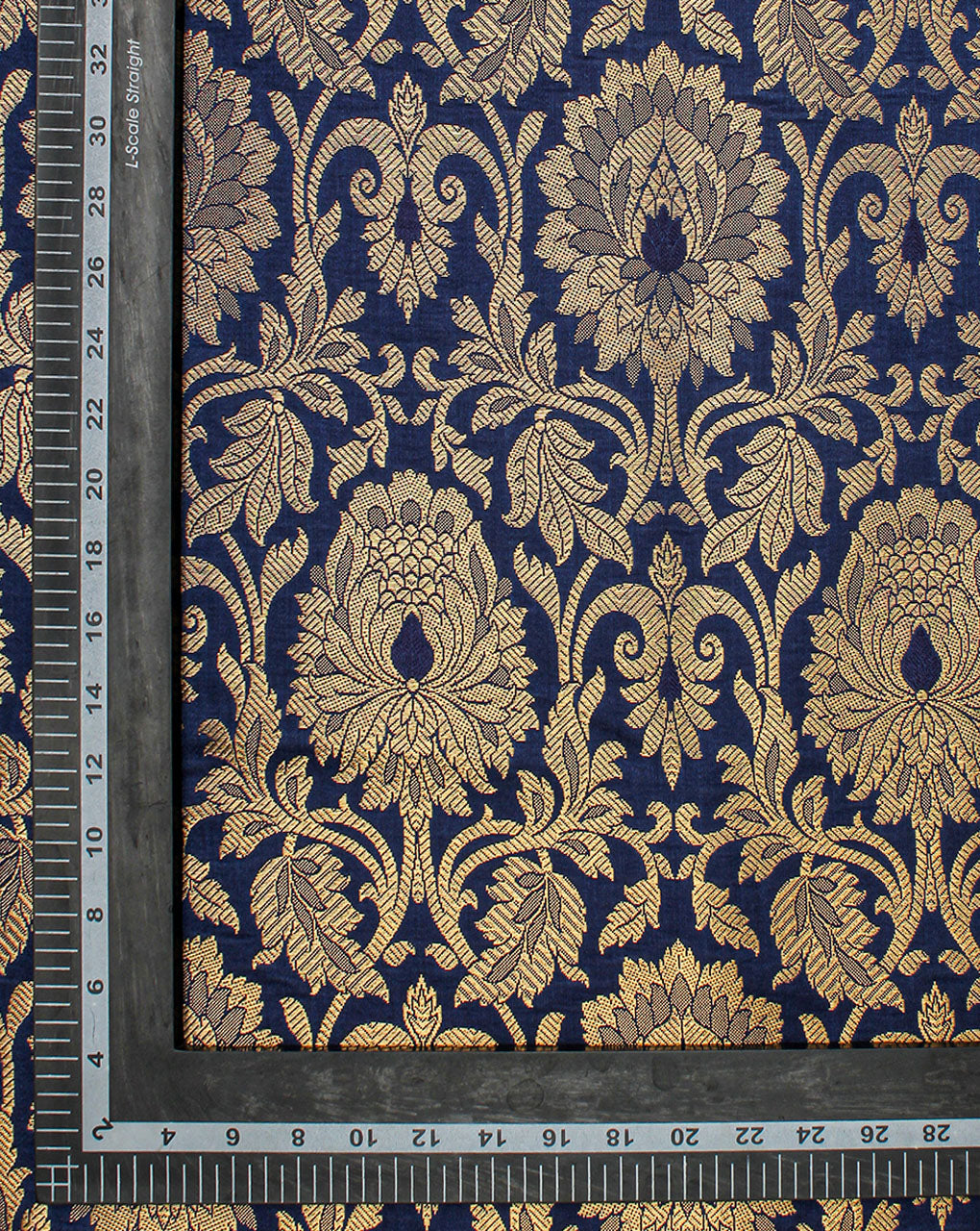 Royal Blue And Golden Floral Design Polyester Brocade Fabric