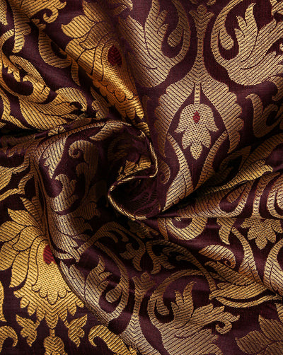 Maroon And Golden Floral Design Polyester Brocade Fabric