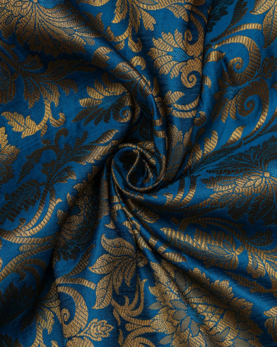 Blue And Golden Floral Design Polyester Brocade Fabric