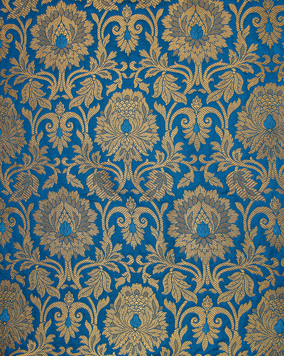 Blue And Golden Floral Design Polyester Brocade Fabric