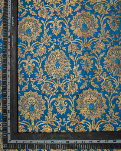 Blue And Golden Floral Design Polyester Brocade Fabric