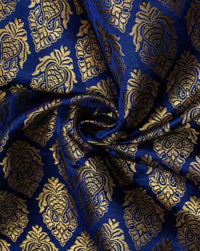 Royal Blue And Golden Floral Design Polyester Brocade Fabric