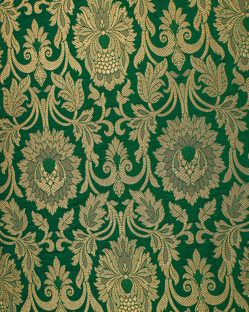 Green And Golden Floral Design Polyester Brocade Fabric