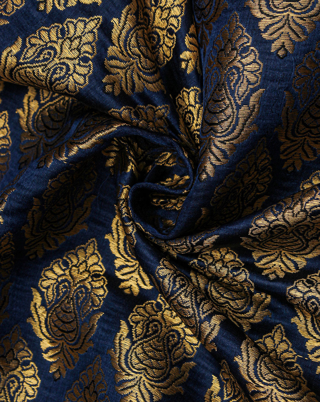 Royal Blue And Golden Floral Design Polyester Brocade Fabric