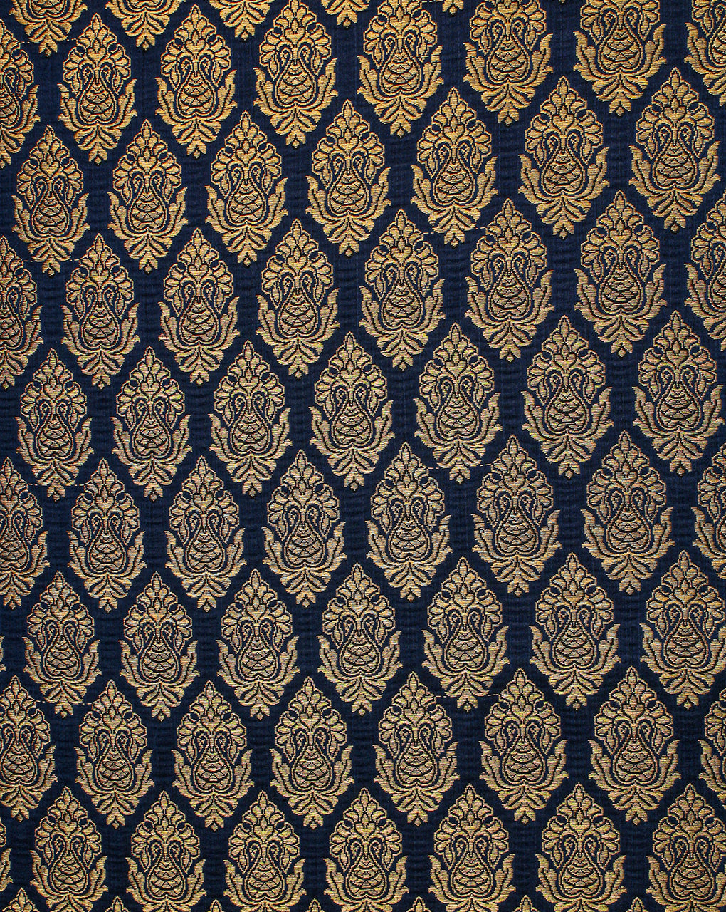 Royal Blue And Golden Floral Design Polyester Brocade Fabric