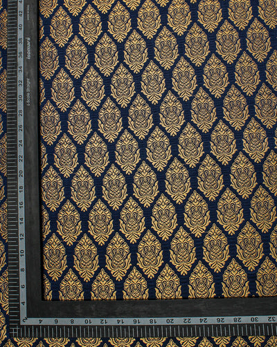 Royal Blue And Golden Floral Design Polyester Brocade Fabric