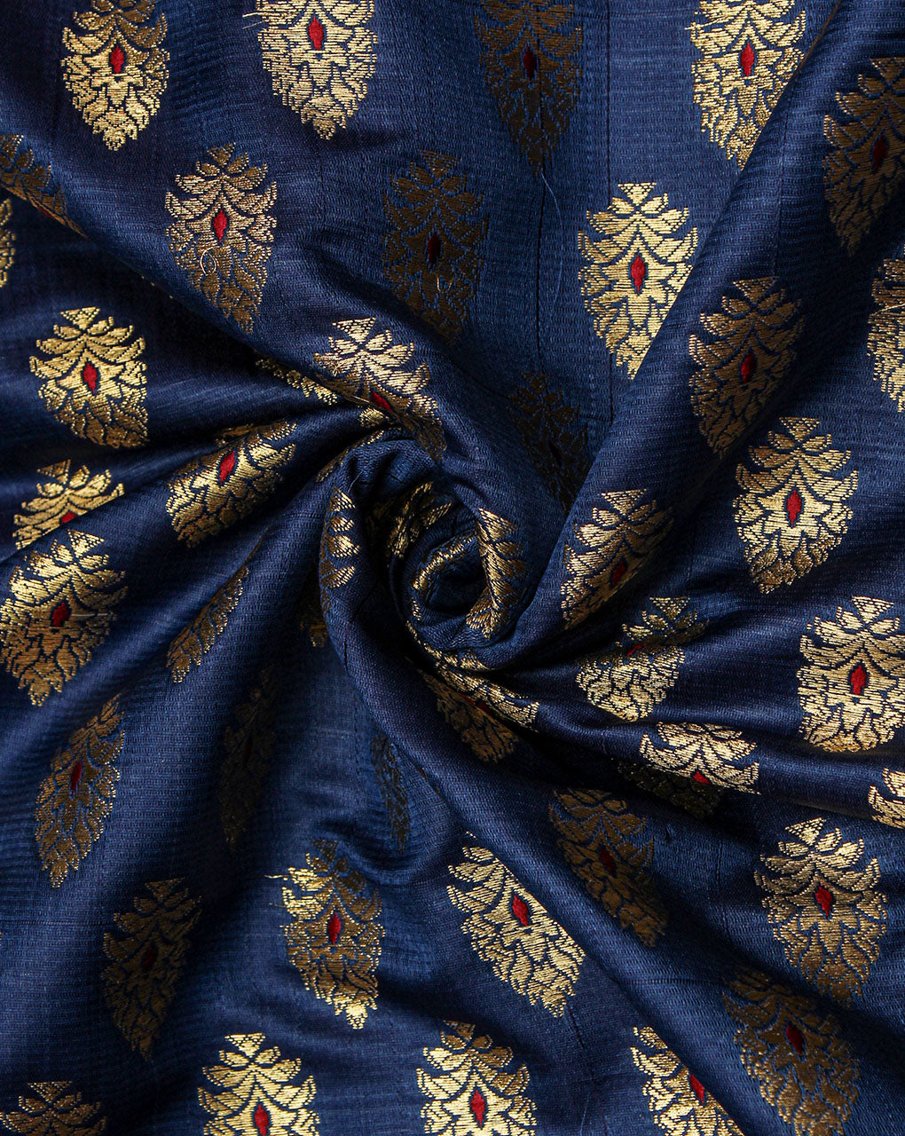 Royal Blue And Golden Floral Design Polyester Brocade Fabric